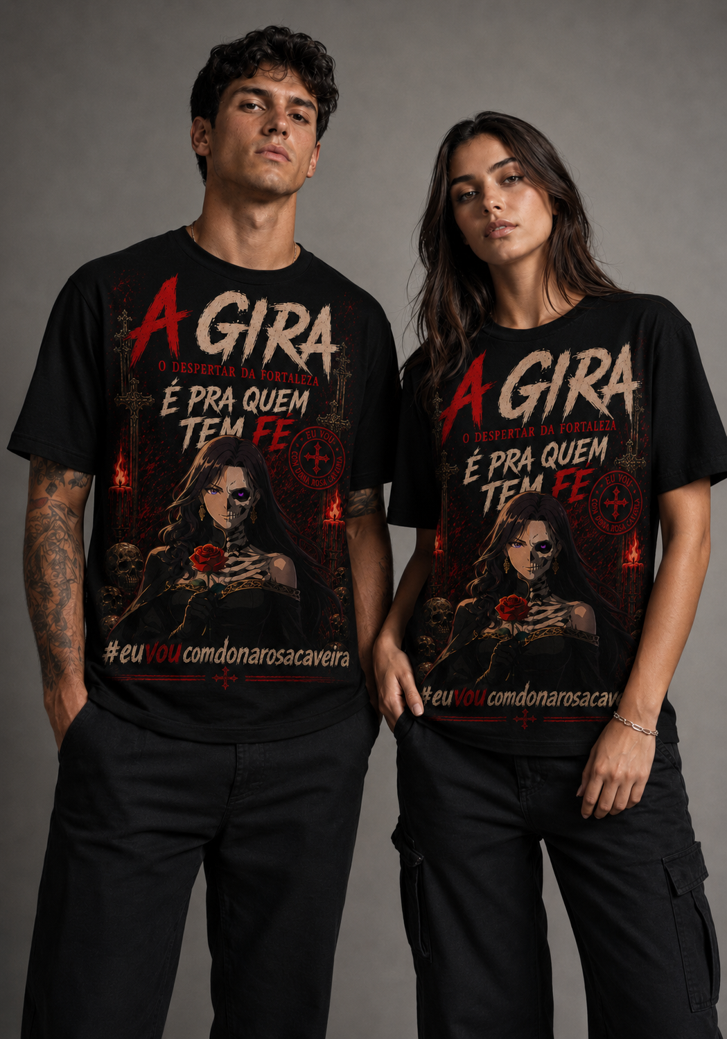 Camiseta Dona Rosa Caveira — Pra Quem Tem Fé