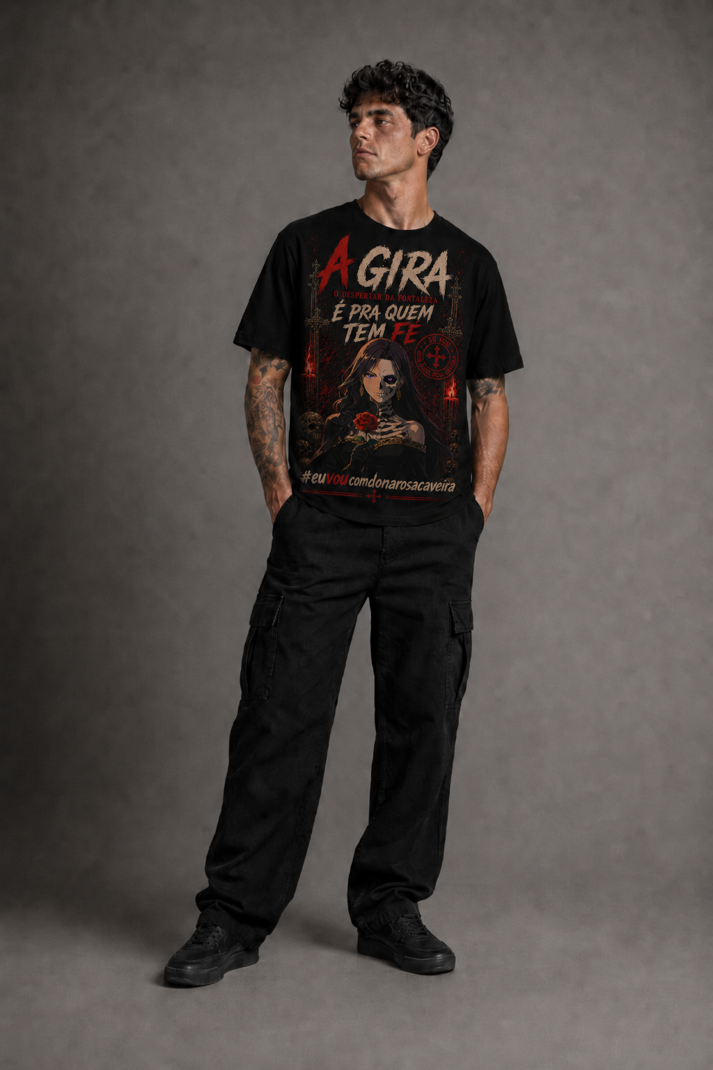 Camiseta Dona Rosa Caveira — Pra Quem Tem Fé