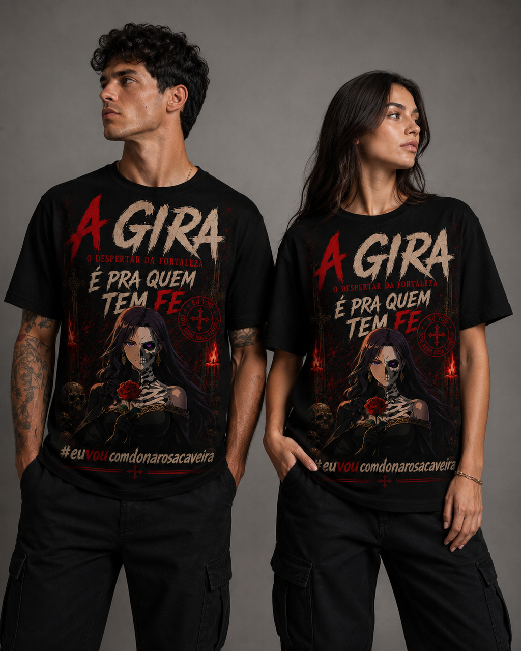 Camiseta Dona Rosa Caveira — Pra Quem Tem Fé
